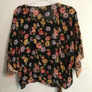 Democracy Black Floral Rayon Blouse Bell Sleeves Small